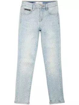 Джинсы прямого кроя с пятью карманами, украшенные кристаллами Philipp Plein Junior, синий