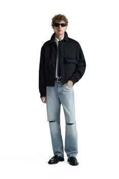Джинсы прямого кроя с рвами ZARA, синий
