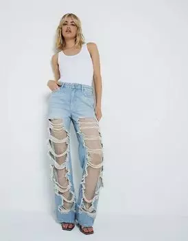 Джинсы прямого кроя с суперпотертостями bejwelled светло-синего цвета River Island