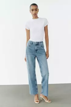 Джинсы прямые z1975 с высокой талией, длиной до щилоток ZARA, средне-синий