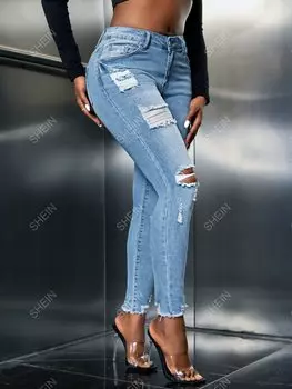 Джинсы рваные Shein Unity узкого кроя, светло-синий