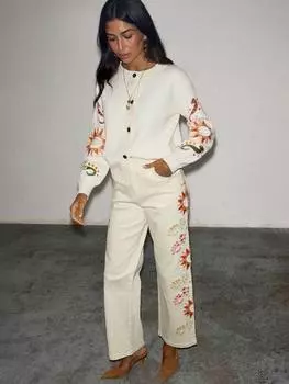 Джинсы с цветочным вышитым карманом в виде гребешка Never Fully Dressed, кремовый/разноцветный