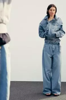 Джинсы с поясом из бумажного пакета trf с высокой талией ZARA, синий