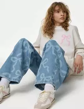 Джинсы с широкими штанинами и бантом Marks & Spencer, цвет Denim