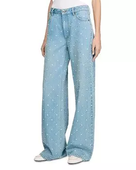 Джинсы с высокой посадкой и декором в синем цвете Sandro, синий