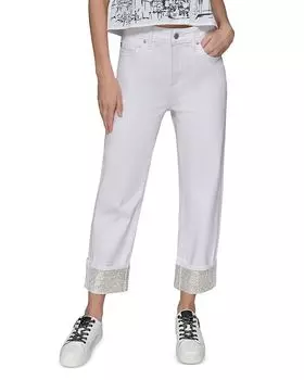 Джинсы с высокой посадкой и кристаллами на манжетах, белые KARL LAGERFELD PARIS, белый