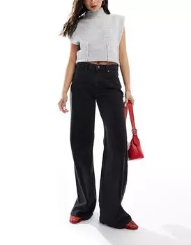 Джинсы с высокой посадкой и широкими штанинами темно-серого цвета Pull&Bear