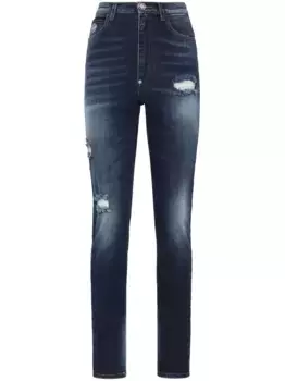 Джинсы с завышенной талией и эффектом потертости Philipp Plein, синий