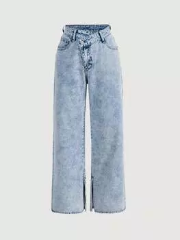 Джинсы SHEIN MOD, асимметричные, пояс, разрез по низу, широкие брючины, светлый джинсовый цвет.