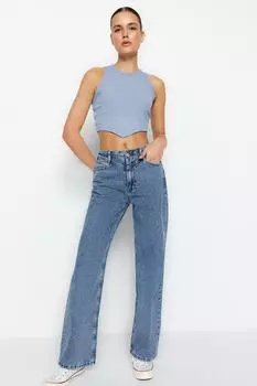 Джинсы широкие Trendyol с высокой талией и деталью на талии, темно-синий