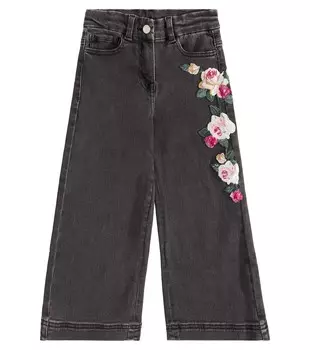 Джинсы широкого кроя с цветочной аппликацией Monnalisa, черный