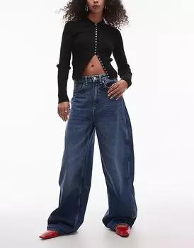 Джинсы широкого кроя с декоративными швами, средне-синего цвета Mango
