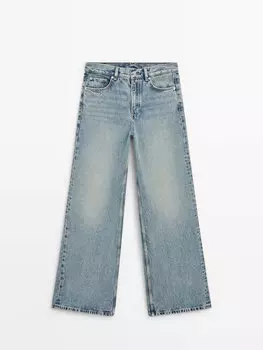 Джинсы широкого кроя с завышенной талией и потертостями Massimo Dutti, голубой