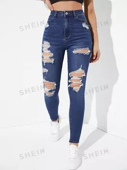 Джинсы-скинни Essnce, рваные, с завышенной талией Shein, тёмно-синий