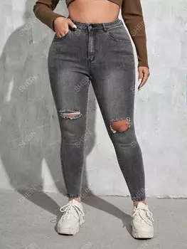 Джинсы скинни EZwear Plus, завышенная талия, рваные, застегиваются на молнию Shein, темно-серый