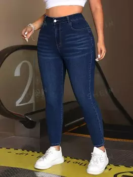 Джинсы-скинни EZwear с рисунком кошачьих усов, большого размера, стильные для повседневной носки Shein, синий