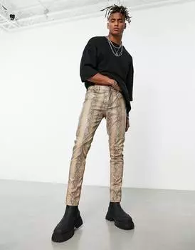 Джинсы скинни из кожи цвета экрю со змеиным принтом ASOS DESIGN