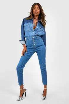 Джинсы скинни с высокой посадкой и открытыми пуговиками basics Boohoo, синий