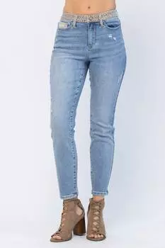 Джинсы Slim Fit с высокой талией, светло-синие/гепардовый камуфляж Judy Blue