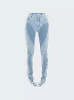 Джинсы спиральной застежки с разрезами из двух материалов Mugler, светло-голубой