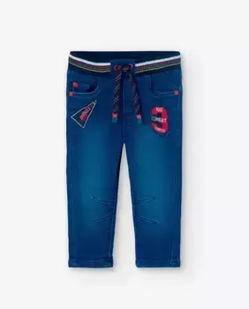 Джинсы стрейч для мальчика с нашивками и кулиской Boboli, синий