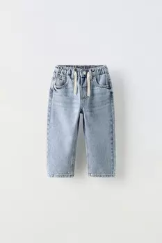 Джинсы свободного кроя с затяжками ZARA, синий