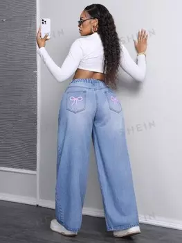 Джинсы SXY, широкая талия, свободные брючины, узор с бантом, уличный стиль, модный, большой размер Shein, синий