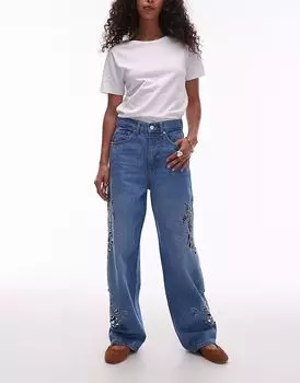 Джинсы Topshop Column средней посадки с ажурной отделкой в сине-голубом цвете