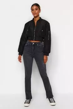 Джинсы Trendyol с завышенной талией и разрезом, черный