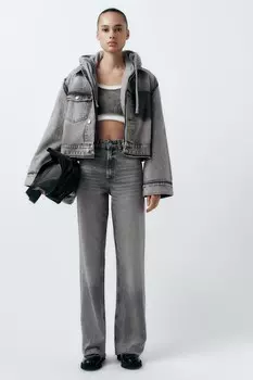 Джинсы trf с высокой посадкой и широким ногием ZARA, светло-серый