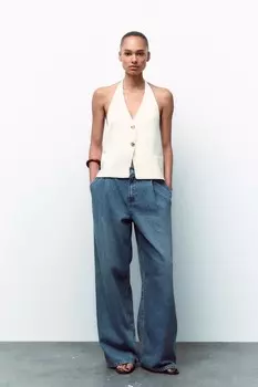 Джинсы trf с высокой талией и вышивкой ZARA, синий