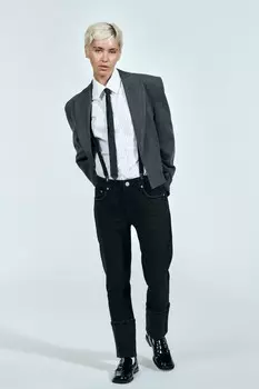 Джинсы trf stove pipe folded с высокой талией ZARA, черный