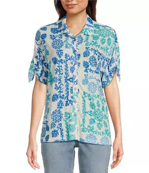 Джинсы Tru Luxe Jeans Рубашка на пуговицах с воротником из мятой вязки и принтом с воротником и пуговицами спереди, синий