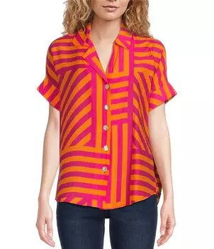 Джинсы Tru Luxe с текстурированной складкой и абстрактным полосатым принтом, воротником с короткими рукавами и пуговицами спереди, походная рубашка Tru Luxe Jeans, розовый