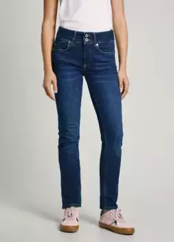 Джинсы узкого кроя Pepe Jeans "SLIM JEANS MW" с очень широким поясом и застежкой на две пуговицы, цвет Dark Indigo