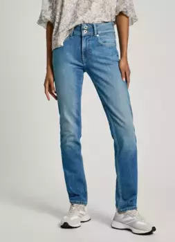 Джинсы узкого кроя Pepe Jeans "SLIM JEANS MW" с очень широким поясом и застежкой на две пуговицы, цвет Tinted