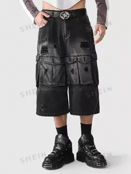 Джинсы узкого кроя в стиле гранж-панк, боковые карманы, рваные модели для мужчин, школьные Romwe, черный