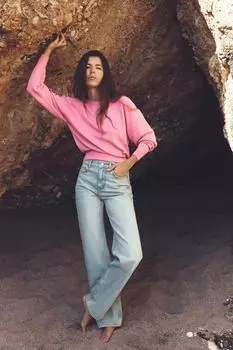 Джинсы z1975 прямые с высокой талией длинной длины ZARA, светло-синий