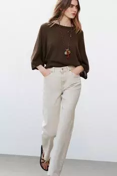 Джинсы z1975 прямые с высокой талией длинной длины ZARA, экрю