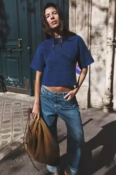 Джинсы z1975 прямые с высокой талией и отворотом ZARA, средне-синий