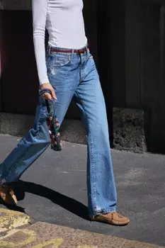 Джинсы z1975 прямые с высокой талией полной длины ZARA, средне-синий