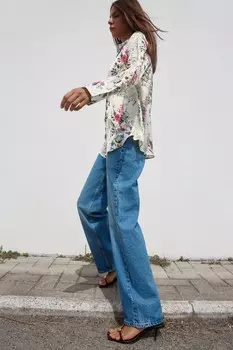 Джинсы z1975 прямые с высокой талией полной длины ZARA, синий