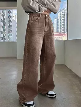 Джинсы, завышенная талия, широкие штанины, деним (стиранные) Dazy, кофейно-коричневый