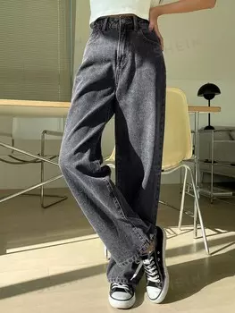 Джинсы, завышенная талия, стираные, широкие штанины Dazy, темно-серый