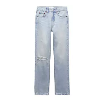 Джинсы женские c высокой посадкой Zara Ripped Straight-leg TRF, синий