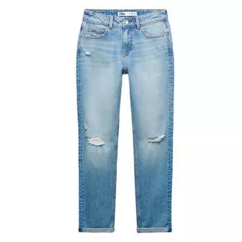 Джинсы женские с заниженной талией Zara Z1975 Ripped Relaxed-fit Low-waist Comfort, голубой