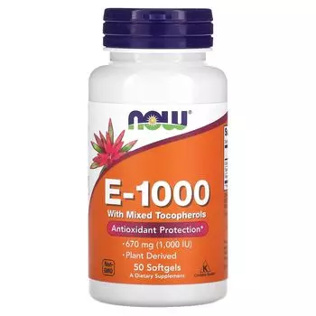 E-1000 со смесью токоферолов, 670 мг (1000 МЕ), 50 мягких таблеток Now Foods