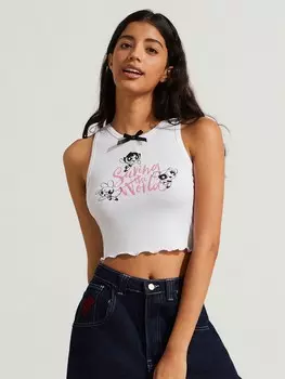 Earth Day Fanverse выбирает укороченную майку, графику, мультфильмы и персонажи, детали, бантик, неровные края, белый цвет