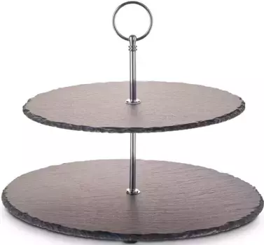 ECHTWERK "Сланцевая подставка для торта" для выпечки, фруктов, сыров и десертов из натурального сланца с металлической ручкой 35 см, цвет silberfarben