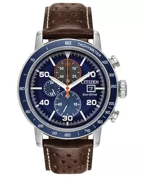 Eco-Drive Мужские часы с хронографом Brycen каштаново-коричневый кожаный ремешок 44 мм Citizen